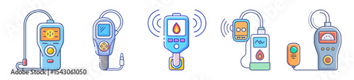 Collection of different medical devices illustrations for health monitoring and diagnostic purposes
