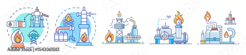 Set of illustrations about the oil and gas industry and its related processes