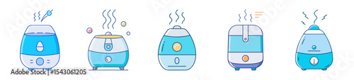 Five cute cartoon ultrasonic humidifiers with water vapor coming from the tops