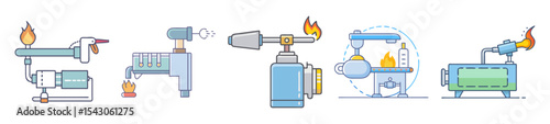 Collection of Scientific and Industrial Burner Designs with Flame Illustrations