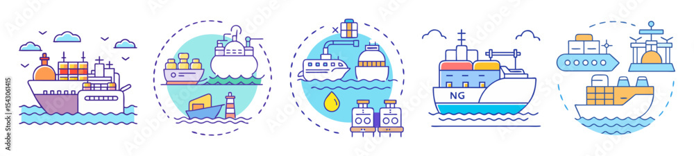 Illustration of various maritime transport methods, including cargo, passenger, and LNG ships Illustration of various maritime transport methods, including cargo, passenger, and LNG ships