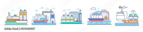 Set of five different colorful oil tanker ships and oil refinery illustrations