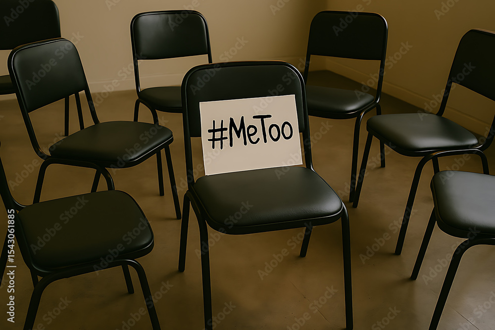 Obraz premium A circle of black chairs with a metoo sign on one chair indicating a support group meeting location