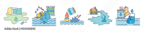 Series of illustrations depicting various instances of environmental pollution and contamination
