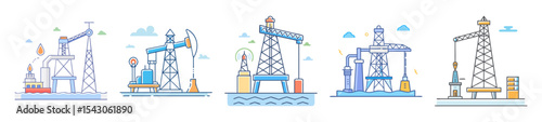 Various cartoon depictions of oil and gas drilling platforms and infrastructure