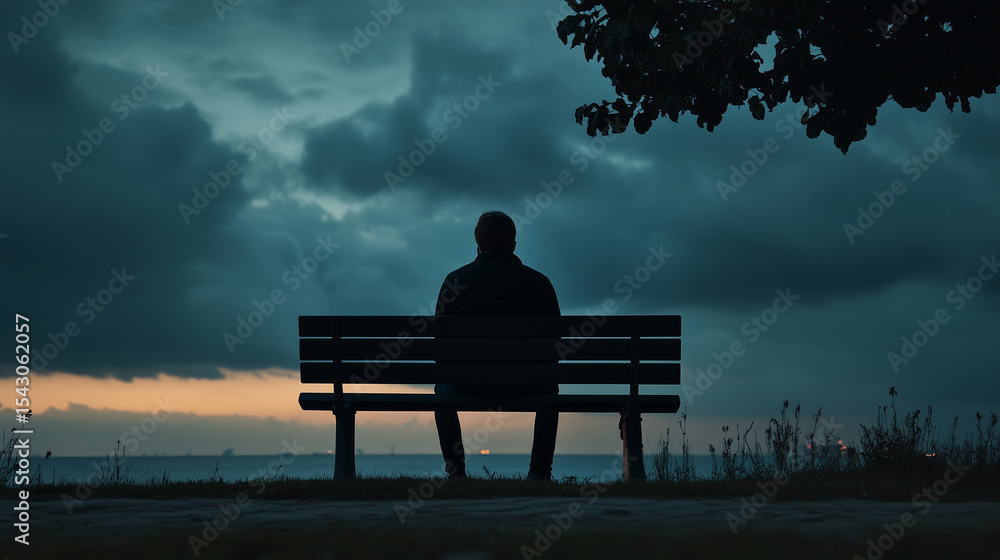Man sits alone on a bench facing the sea under a dramatic, cloudy sky at dusk. Man sits alone on a bench facing the sea under a dramatic, cloudy sky at dusk.