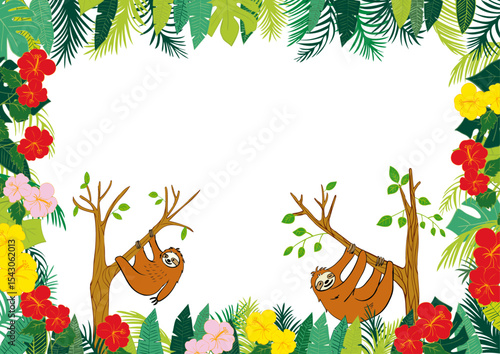 ナマケモノと南国植物のフレーム2 / Sloth and Tropical Leaves Frame
