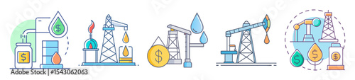 Icons representing crude oil, petroleum, and the economic value of the resource
