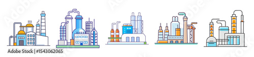 Five different industrial factory buildings with various processing and manufacturing structures