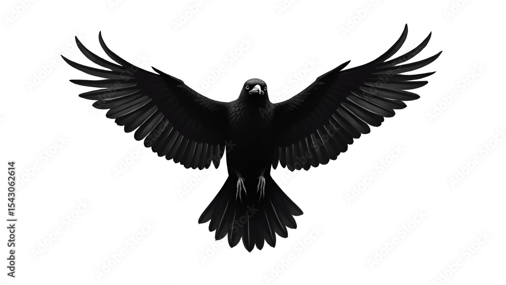 Fototapeta premium Flying Crow Front View – Isolated Black and White Ink Illustration for Tattoo and Graphic Design - PNG format 