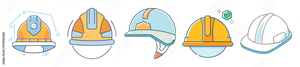 Diverse set of construction hard hats safety helmets in flat vector design Diverse set of construction hard hats safety helmets in flat vector design
