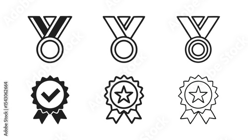 Illustration of three medals with ribbons and three rosettes with check and star symbols shown
