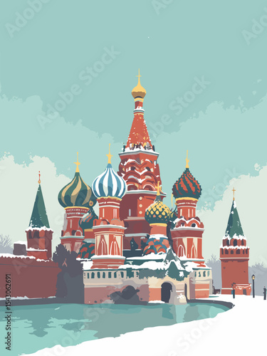 Russia - Saint Basil’s Cathedral, Kremlin, Lake Baikal in onion dome red, Kremlin brick, lake teal, and snow white