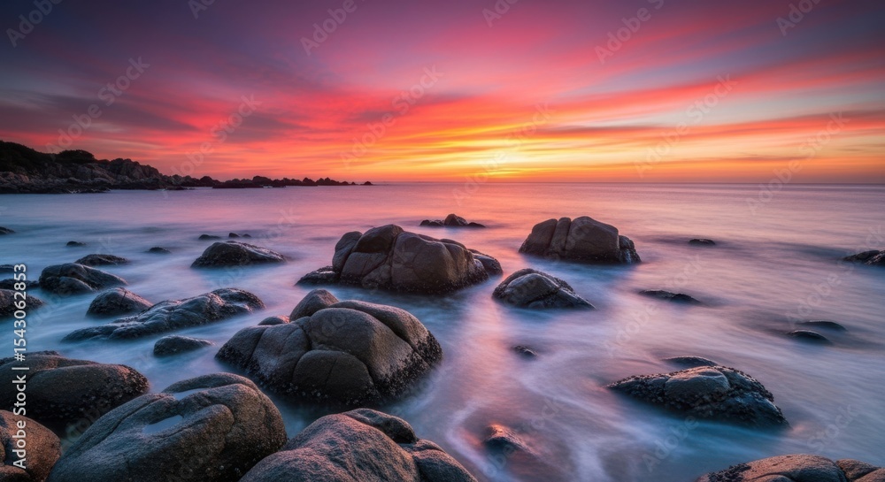 Naklejka premium Rocks Meet Sea Under Brilliant Sunset Sky