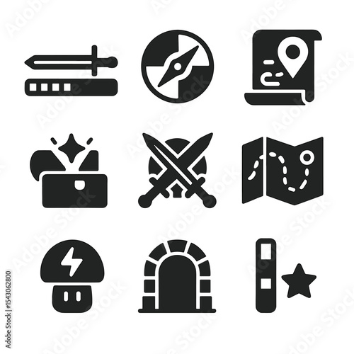 Fantasy Game Load Icons. Solid style icons of game loading elements: loading bar with sword, fantasy spinner, quest loader, loot
