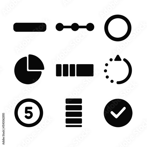 Progress Loaders Icons. Solid style icons of progress-based loaders: start to finish bar, milestone indicator, percentage ring,