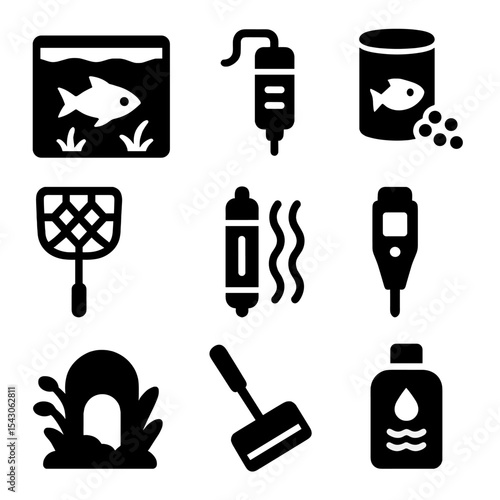 Aquarium Care Icons. Solid style icons of aquarium care: fish tank, water filter, fish food, net scoop, heater icon, pH tester,
