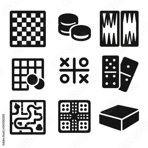 Classic Board Game Icons. Solid style icons of classic board games: chess board, checker pieces, backgammon set, go stones,
