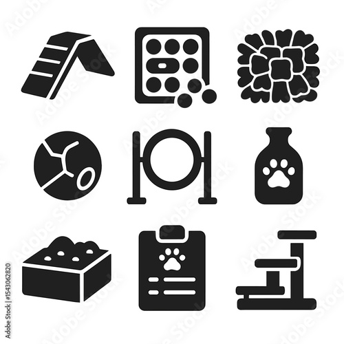 Pet Enrichment Icons. Solid style icons of pet enrichment: agility ramp, treat puzzle, sniffing mat, interactive ball, obstacle