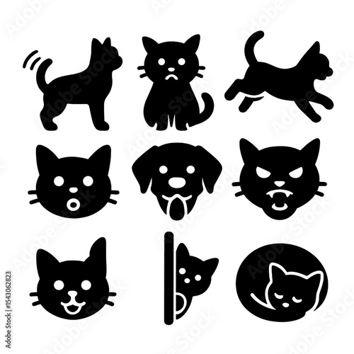 Pet Behavior Icons. Solid style icons of pet behavior signs: wagging tail, flattened ears, playful jump, angry growl, meowing face