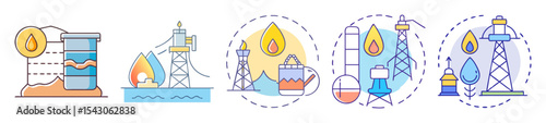 Set of vector icons illustrating the petroleum and natural gas industry sectors