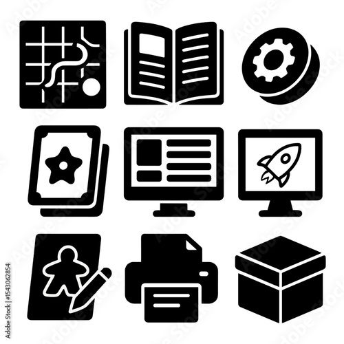Game Development Icons. Solid style icons of game development tools: board design, rulebook editing, prototype token, test card,