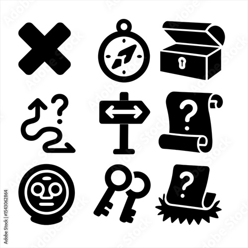 False Clue Icons. Solid style icons of false clues and decoys: fake X, broken compass, empty chest, confusing path, mirror sign,