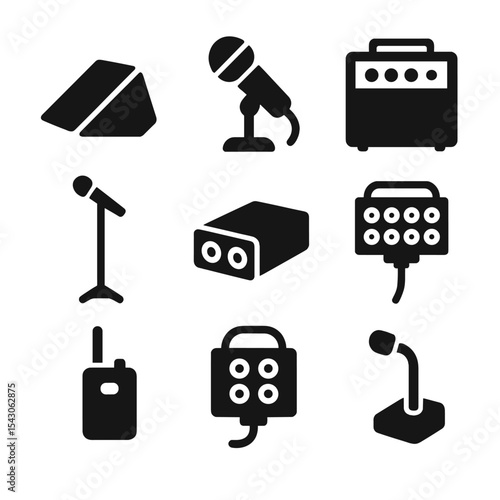 Stage Audio Icons. Solid style icons of stage audio setup: floor monitor, drum mic, guitar amp, mic stand, DI box, stage box,