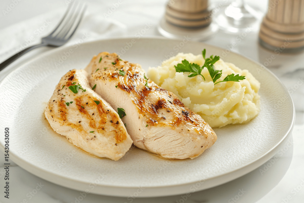 Creamy chicken breast with mashed potatoes on white marble surface, elegant comfort food plated meal presentation Creamy chicken breast with mashed potatoes on white marble surface, elegant comfort food plated meal presentation