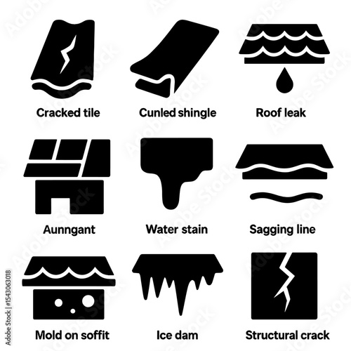 Roof Damage Icons. Solid style icons of roof damage indicators: cracked tile, curled shingle, roof leak drip, missing panel, water