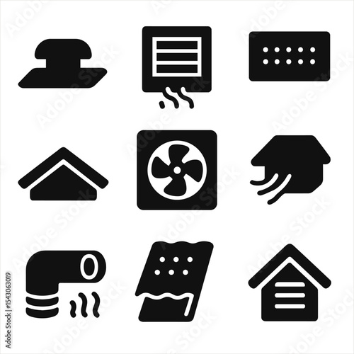 Residential Ventilation Icons. Solid style icons of residential ventilation: roof vent, wall vent, soffit vent, ridge vent, attic