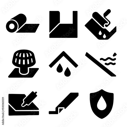 Roof Waterproofing Icons. Solid style icons of roof waterproofing: membrane roll, flashing tape, waterproof coating, drain cap,
