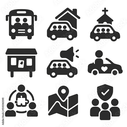 Rideshare Icons Collection. Solid style icons of community rideshare programs: school ride share, neighborhood carpool, church