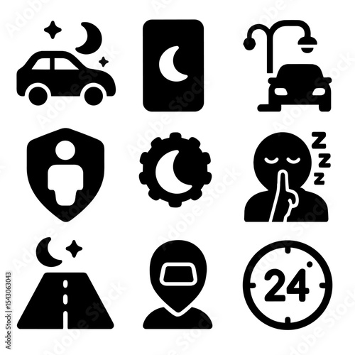 Late Night Rideshare Icons. Solid style icons of late night rideshare: night drive icon, dark mode app, car with moon, streetlamp