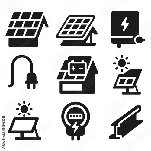 Solar Roofing Icons. Solid style icons of solar roofing integration: solar shingles, panel with roof mount, solar inverter box,