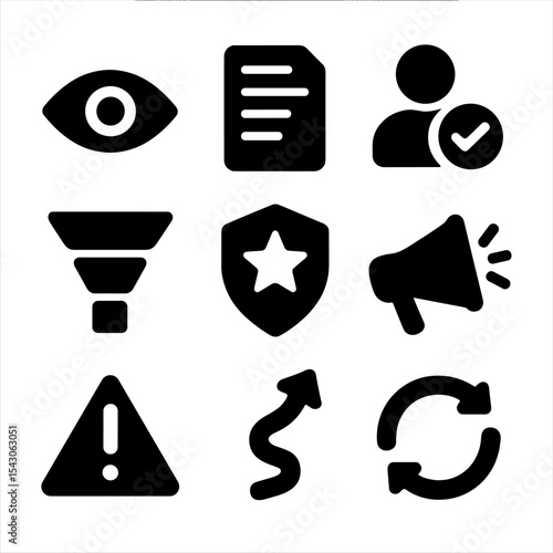 Customer Journey Icons. Solid style icons of customer journey stages: awareness icon, consideration icon, decision phase,
