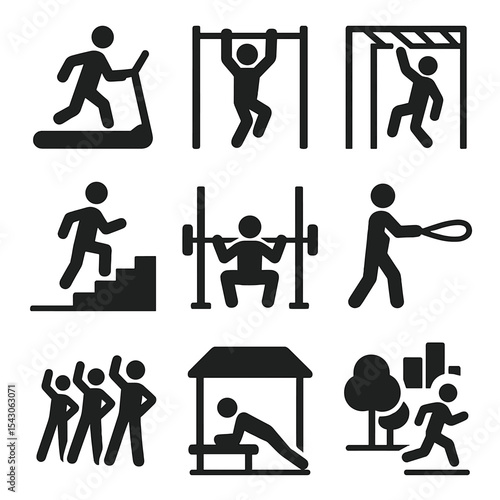 Outdoor Fitness Icons. Solid style icons of outdoor gym activities silhouette: open-air treadmill, park pull-up, monkey bar swing,