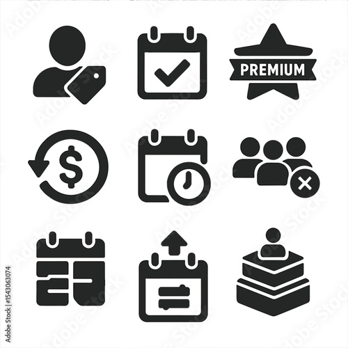 Subscription Icons Set. Solid style icons of subscription segmentation: free user tag, trial icon, premium badge, subscription