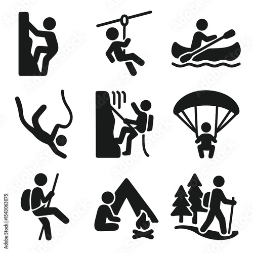 Outdoor Adventure Icons. Solid style icons of outdoor adventure silhouette: rock climbing, ziplining figure, canoe paddler, bungee