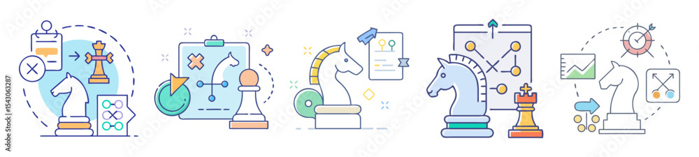 Strategic chess game elements illustrating planning, strategy, and execution through vector illustrations Strategic chess game elements illustrating planning, strategy, and execution through vector illustrations