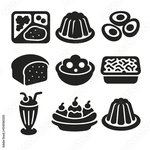 Retro Comfort Food Icons. Solid style icons of retro comfort food: TV dinner tray, jello mold, deviled eggs, meatloaf slice,