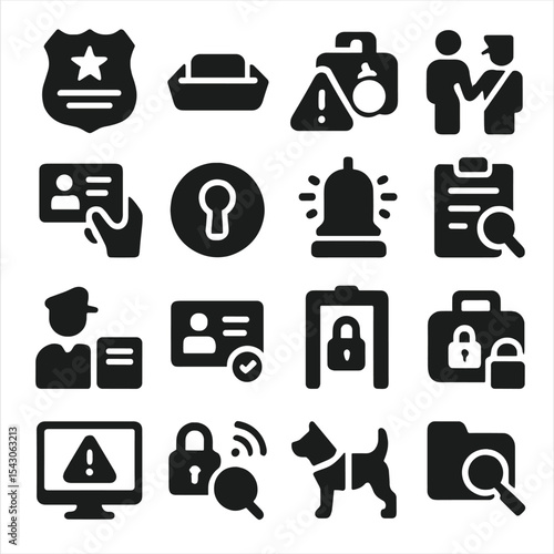Airport Security Icons. Solid style icons of airport security: national customs badge, airport inspection tray, suspicious item
