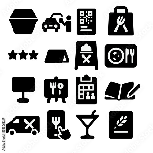 Restaurant Icon Set. Solid style icons of restaurant and hospitality: takeout container, curbside pickup icon, QR code menu, food