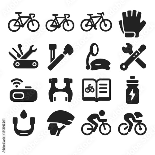 Cycling Icon Set. Solid style icons of cycling: fixie bike, commuter bike, gravel bike, cycling gloves grip, multi-tool for bikes,
