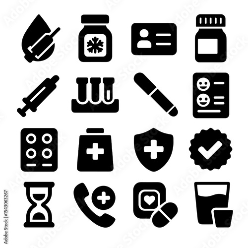 Medical Icon Collection. Solid style icons of medicine: vaccine drop icon, refrigerated medicine icon, patient ID card, bottle
