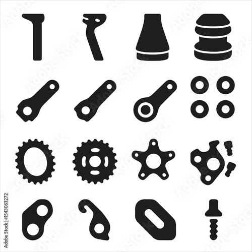 Bicycle Parts Icons. Solid style icons of bicycle parts: aero seatpost, offset seatpost, tapered headtube, integrated headset,