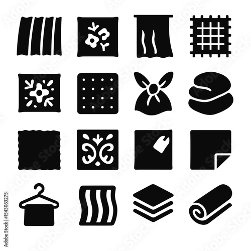 Fabric Icons Collection. Solid style icons of fabric: pleated fabric strip, embroidered cloth, sheer fabric panel, ripstop fabric