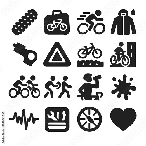 Cycling Icon Set. Solid style icons of cycling: recovery massage roller, bike travel case, sprint start icon, weatherproof cycling