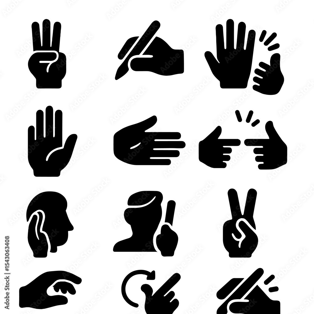 Obraz premium Hand Gesture Icons. Solid style icons of hand gestures: three-finger salute, writing hand, counting fingers, applause clapping,