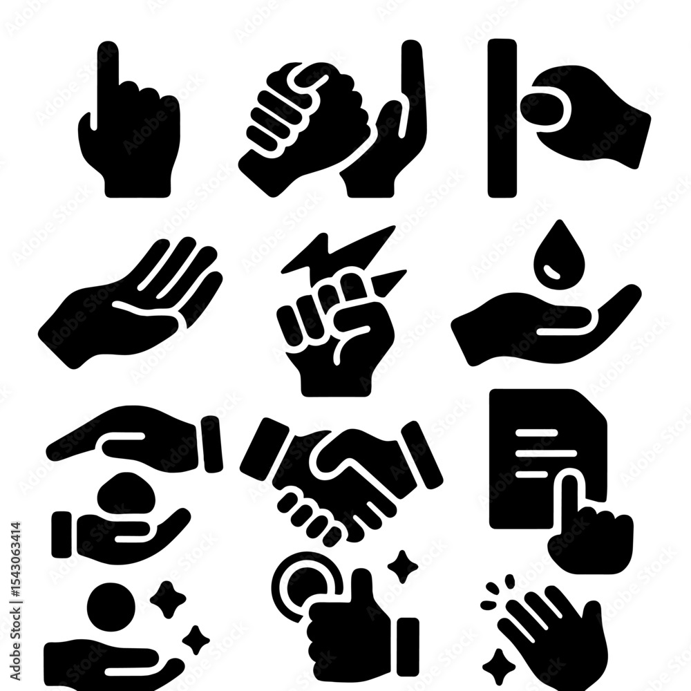 Fototapeta premium Solid Hand Gesture Icons. Solid style icons of hand gestures: pointing up hand, two hands clasped, hand pushing door, hand turning